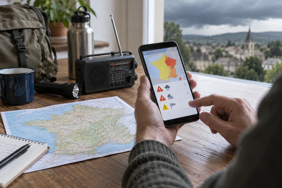 Consultation d’une alerte locale avec téléphone, radio et carte