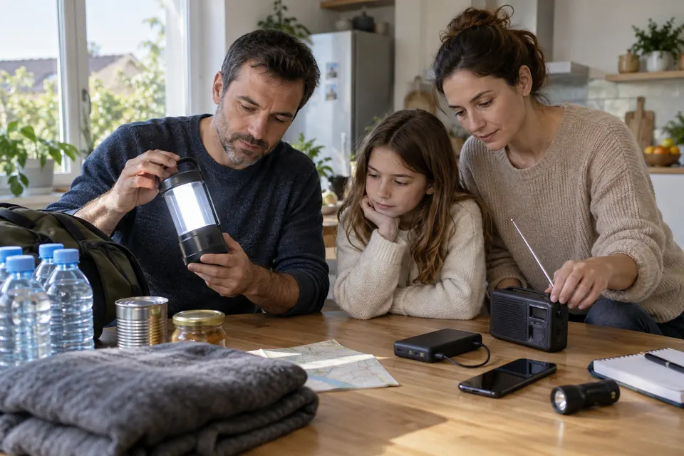 Un foyer vérifie lampe, radio et batterie pour une coupure électrique