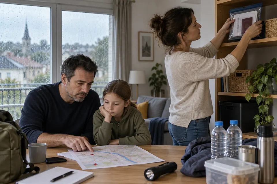 Un foyer place ses documents à l’abri et vérifie un itinéraire avant une inondation
