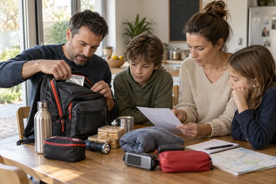 Une famille prépare son sac d’urgence et vérifie les documents utiles