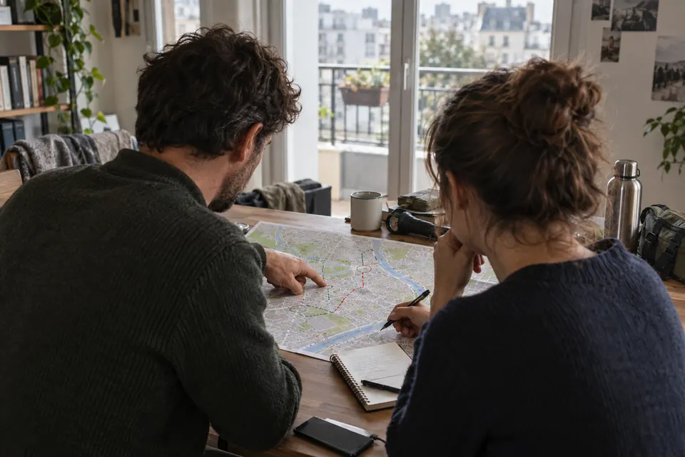 Deux personnes étudient un itinéraire urbain de repli sur une carte