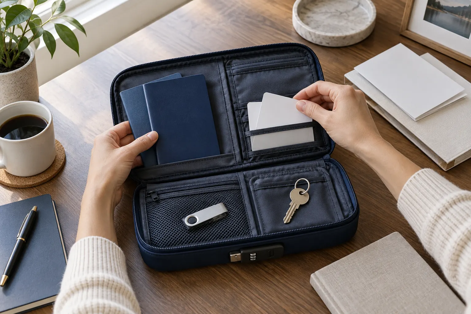 Documents essentiels, clés et support numérique rangés dans une pochette