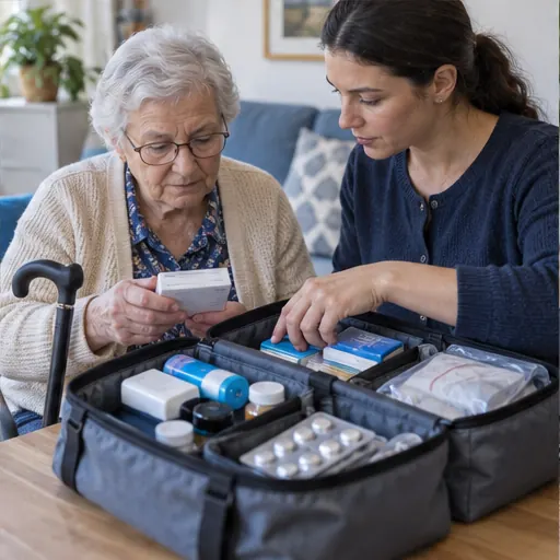 Une personne âgée et son aidante préparent des soins pour un kit d’urgence