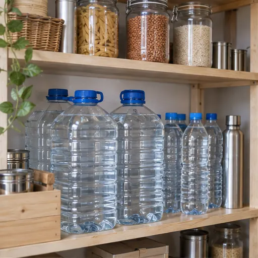Réserve de bouteilles d’eau potable rangées sur une étagère