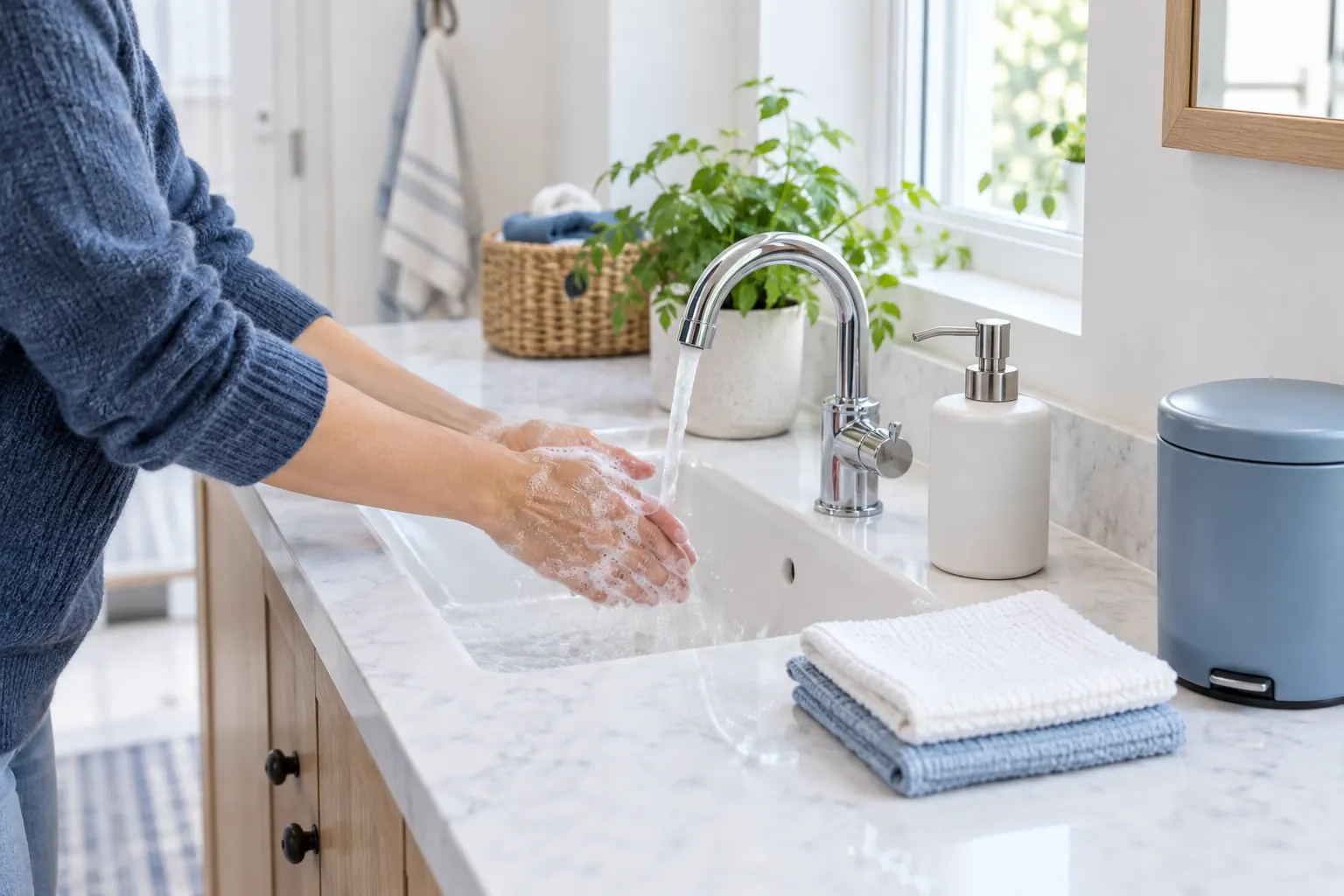 Lavage des mains dans un espace d’hygiène domestique organisé