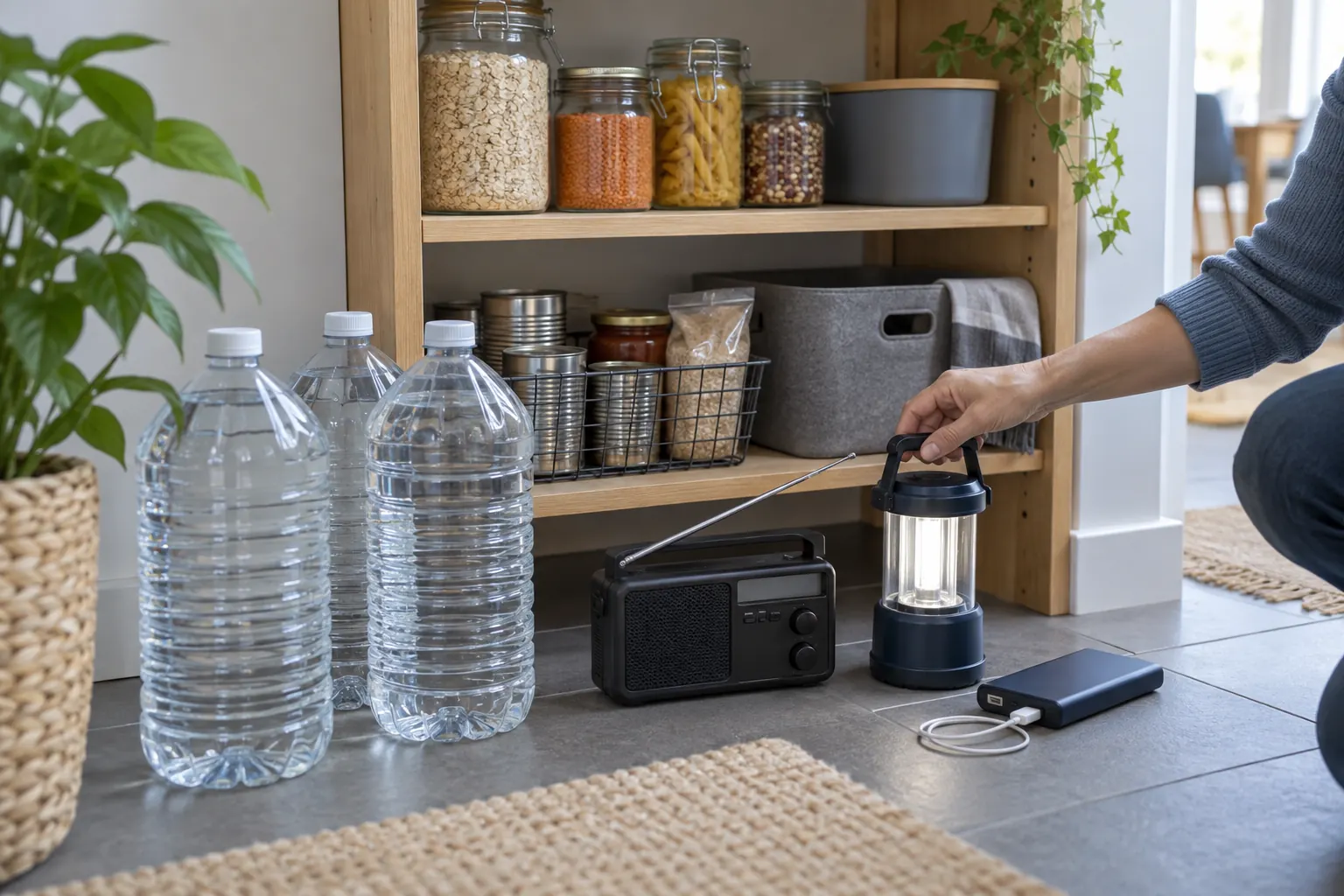 Réserves d’eau, radio, éclairage et batterie organisés au domicile