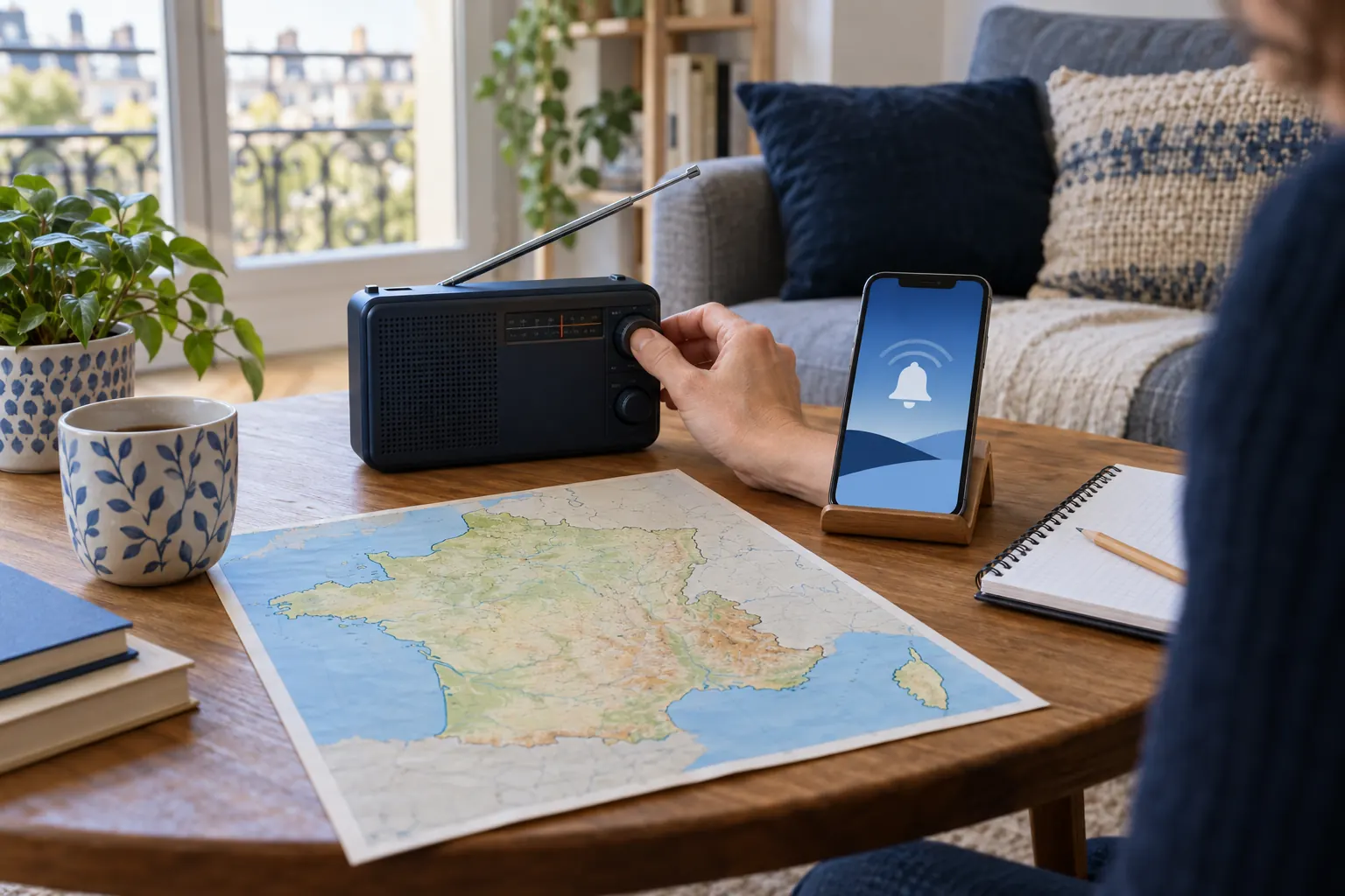Consultation calme des alertes avec radio, téléphone et carte