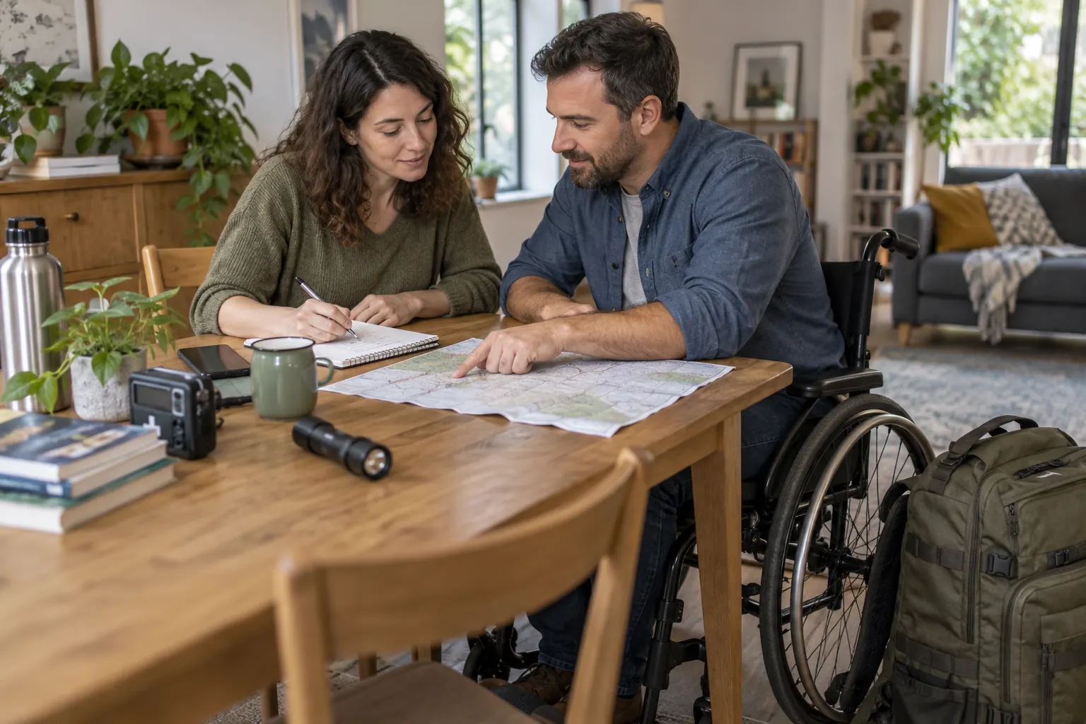 Deux adultes préparent un plan au domicile, avec une personne en fauteuil
