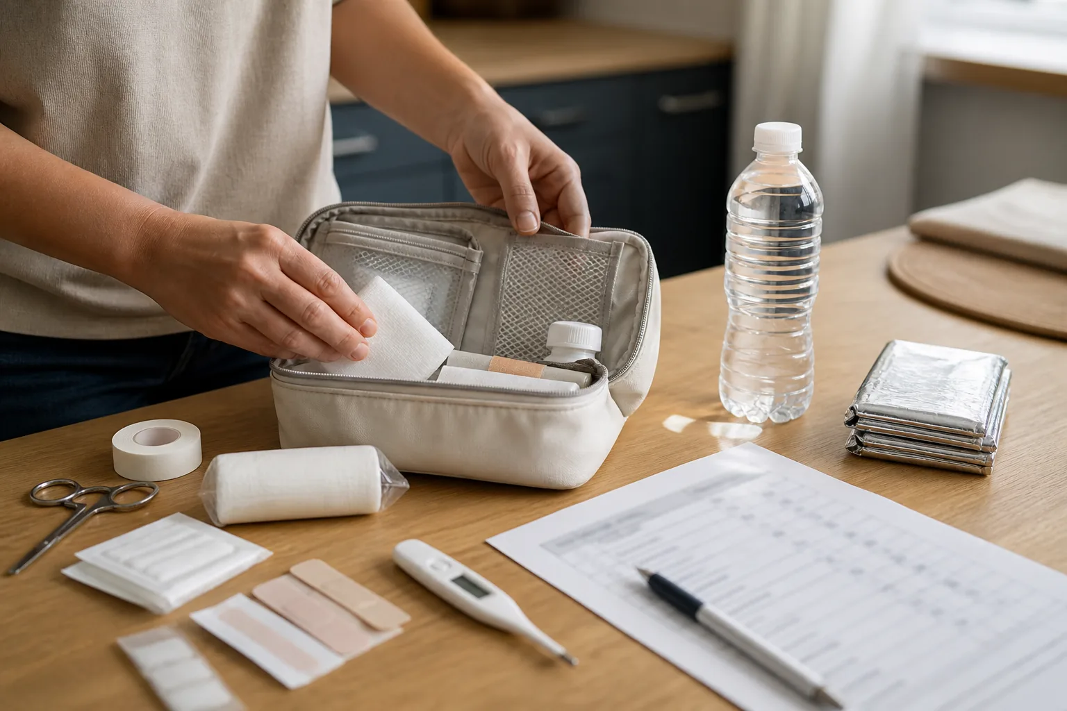 Vérification calme d’une trousse de premiers secours au domicile