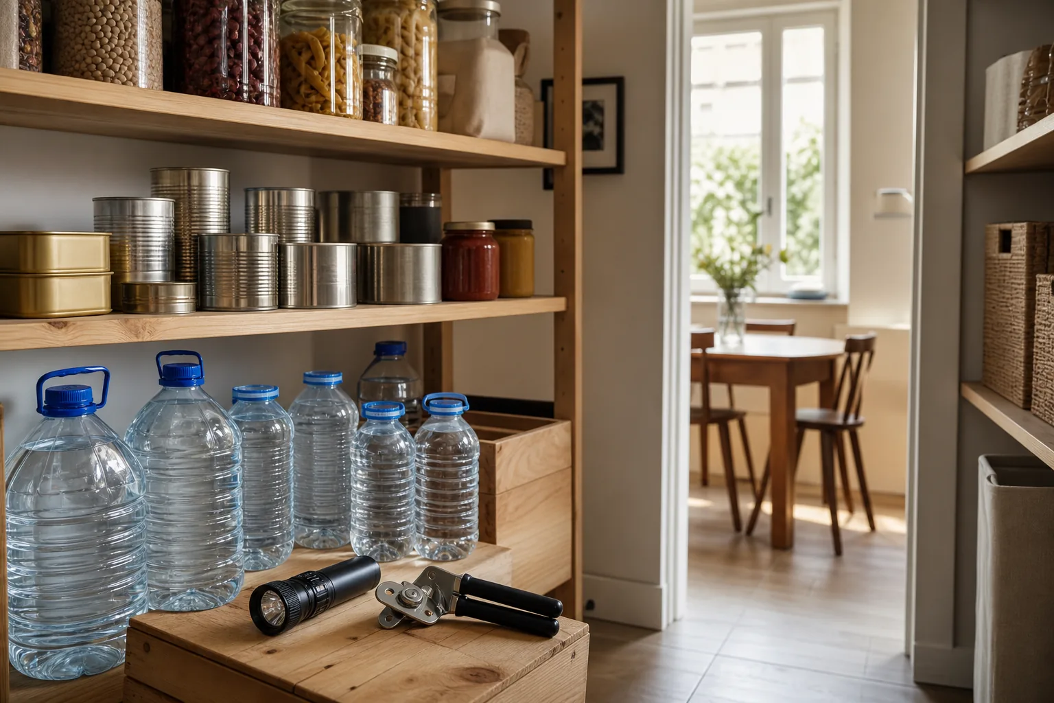 Häusliche Wasser- und Lebensmittelvorräte in einem speziellen Raum organisiert